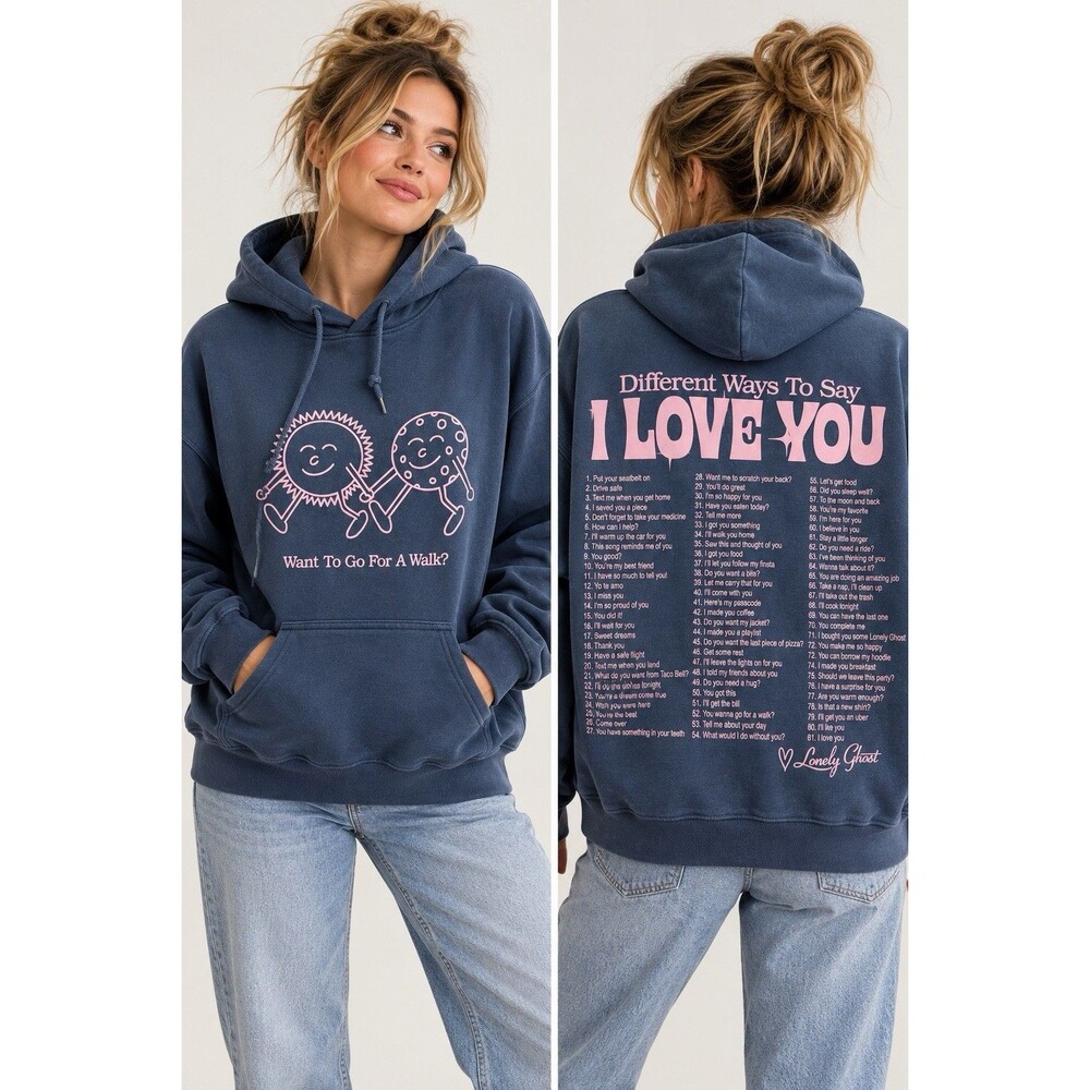 Lonely Ghost Different Ways To Say I Love You Hoodie Size M Navy Pink Graphic￼